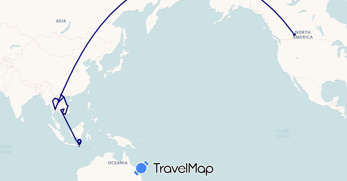 TravelMap itinerary: driving in Canada, Indonesia, Cambodia, Laos, Thailand, Vietnam (Asia, North America)